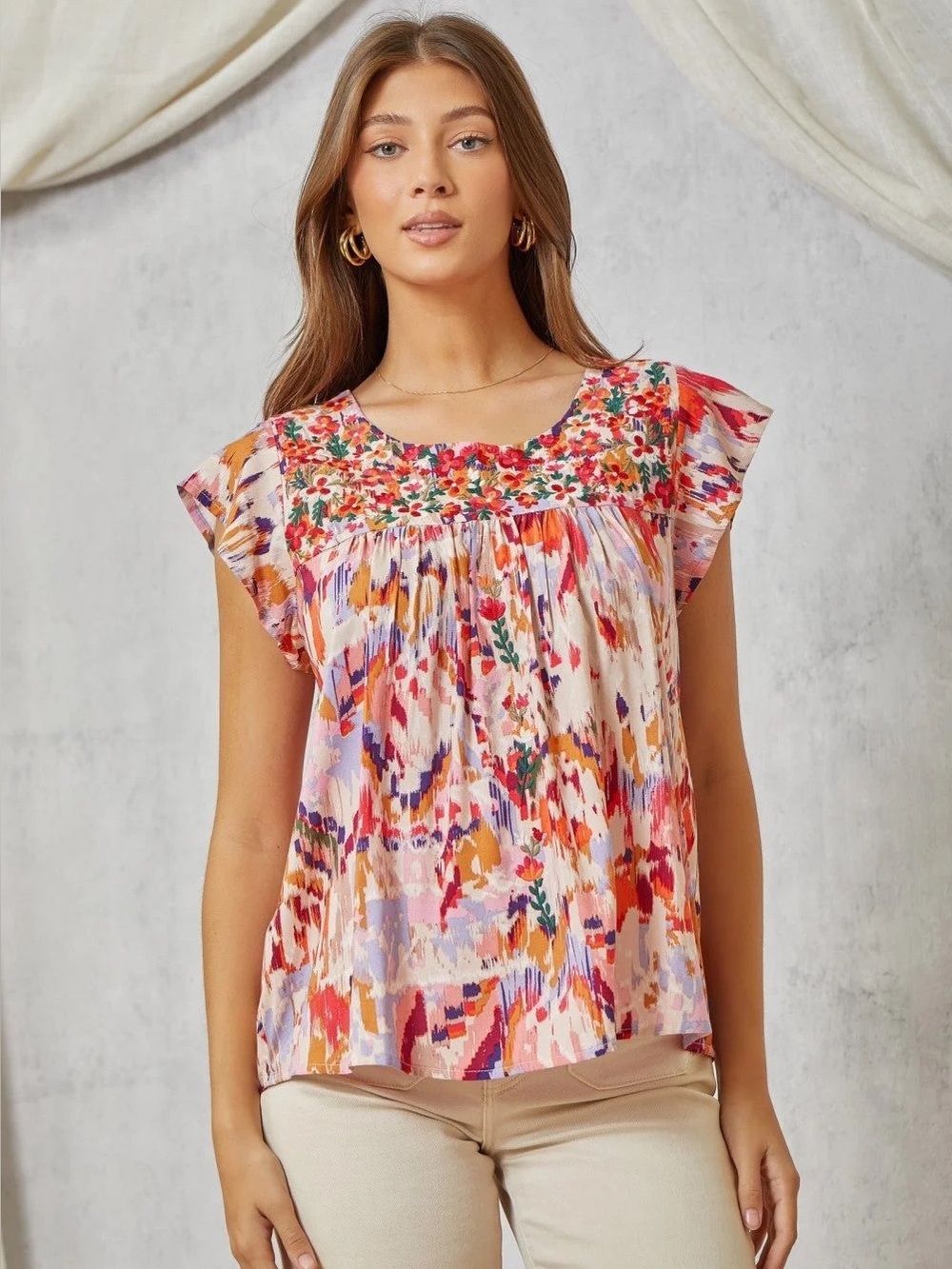 NWOT Savannah Jane babydoll top embroidered yoke vibrant ikat-inspired print